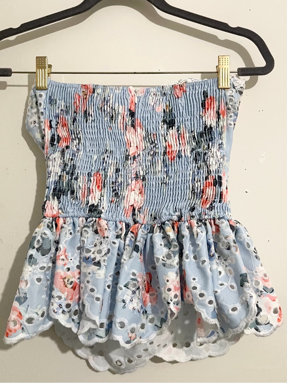 BEULAH Strapless Floral Eyelet Lace Peplum Top - Light Blue & Pink Size Large - Picture 4 of 4